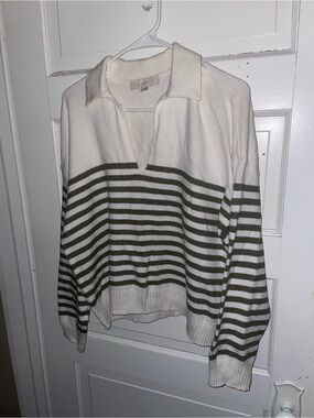 LOFT Cream and Olive Striped V-Neck Collared Sweater